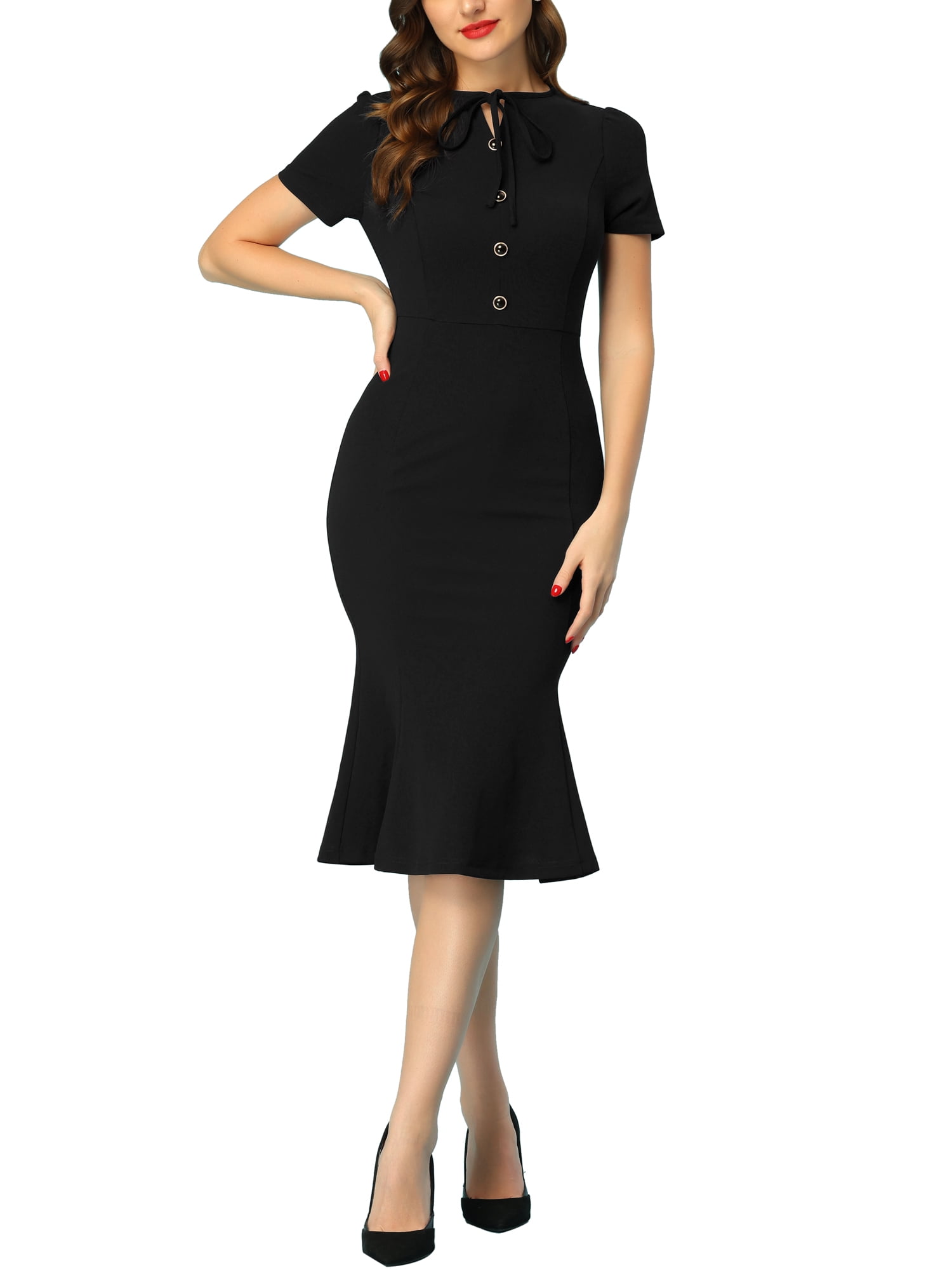 Unique Bargains Women's Vintage Work Short Sleeve Mermaid Bodycon Dress S Black