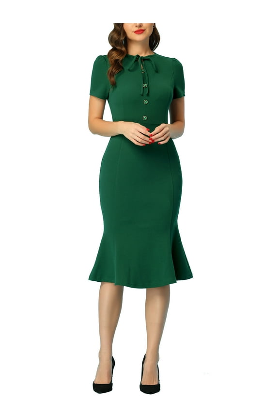 Women's Vintage Work Short Sleeve Mermaid Bodycon Dress M Green