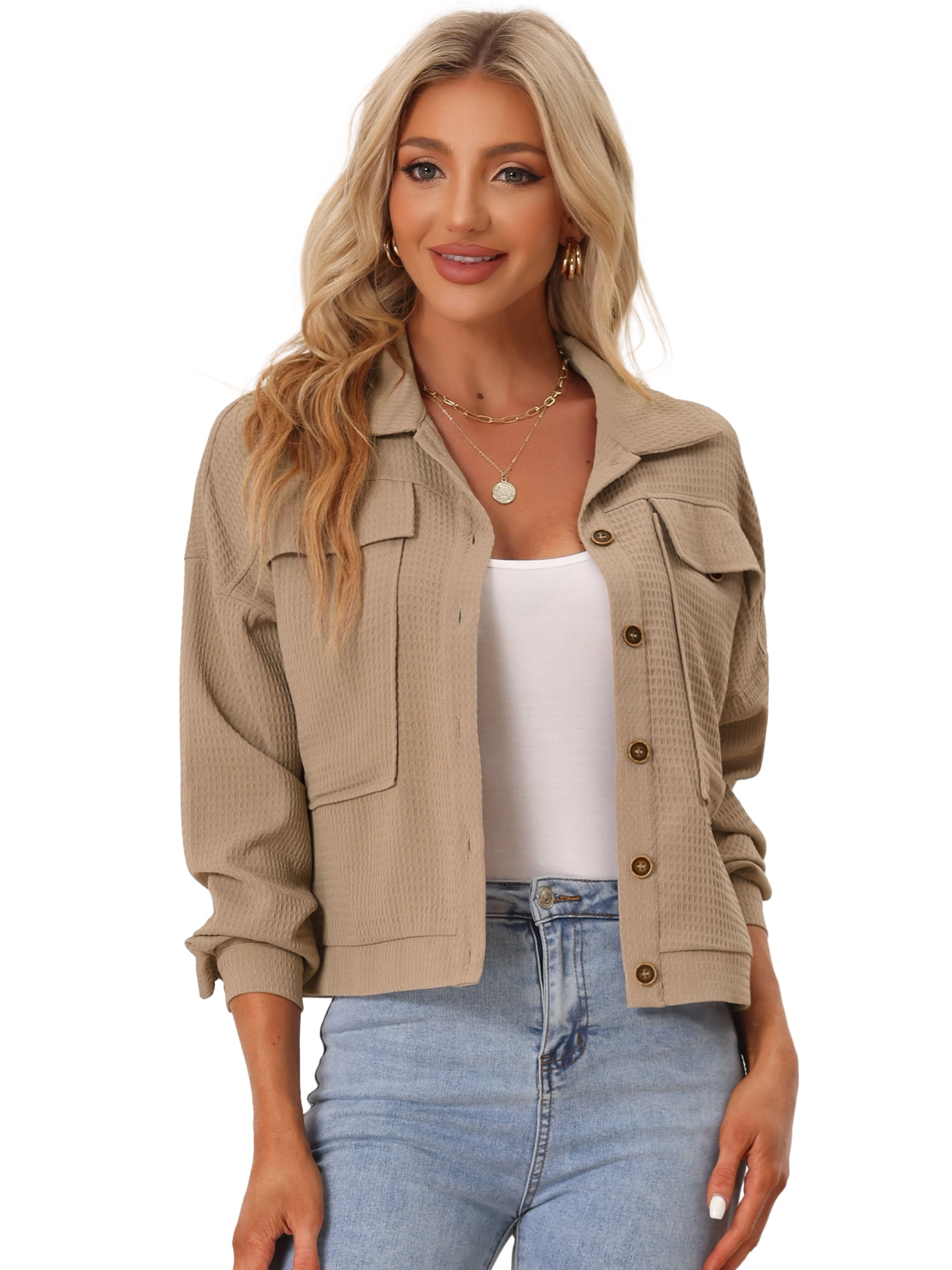 DARING DIVA Women's Waffle Shacket Pocket Collared Shirt Jackets XL Khaki