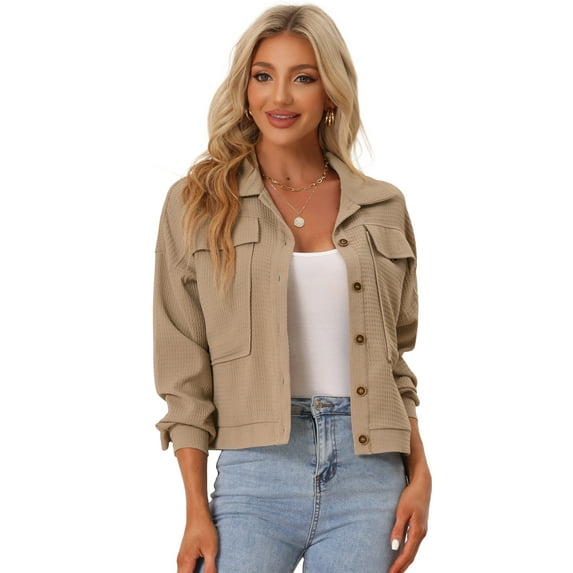 DARING DIVA Women's Waffle Shacket Pocket Collared Shirt Jackets XS Khaki