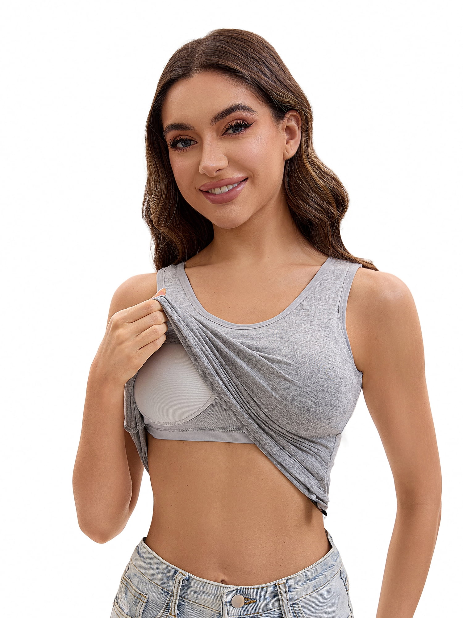 Unique Bargains Women's Wide Strap Camisoles with Built-In Padded Bras M Grey