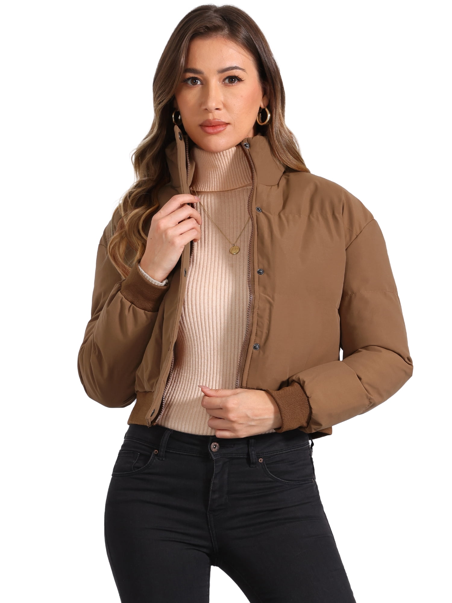 Unique Bargains Women's Winter Bomber Jacket Baggy Padded Cropped Coats XS Brown