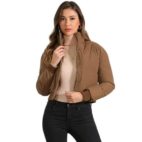 Unique Bargains Women's Winter Bomber Jacket Baggy Padded Cropped Coats XS Brown