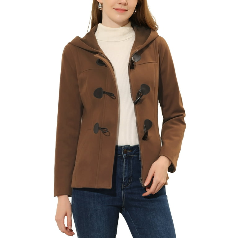 Unique Bargains Women's Winter Outwear Hooded Zip Up Button Toggle Pea Coat  L Brown 