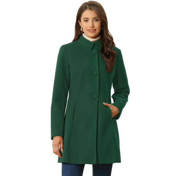 Unique Bargains Women's Winter Overcoat Stand Collar Single Breasted Long Coat M Deep Green