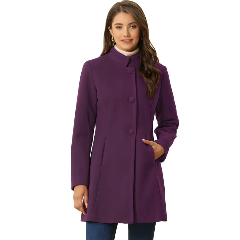 Unique Bargains Women s Winter Overcoat Stand Collar Single Breasted Long Coat M Deep Purple Walmart