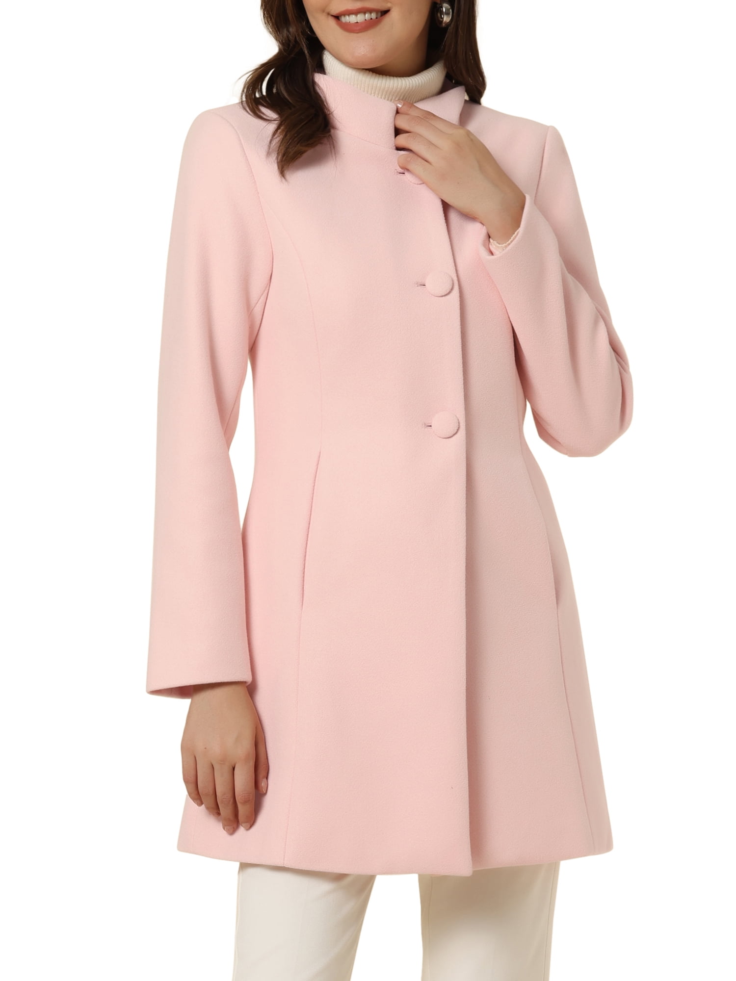 Unique Bargains Women's Winter Overcoat Stand Collar Single Breasted Long Coat S Light Pink
