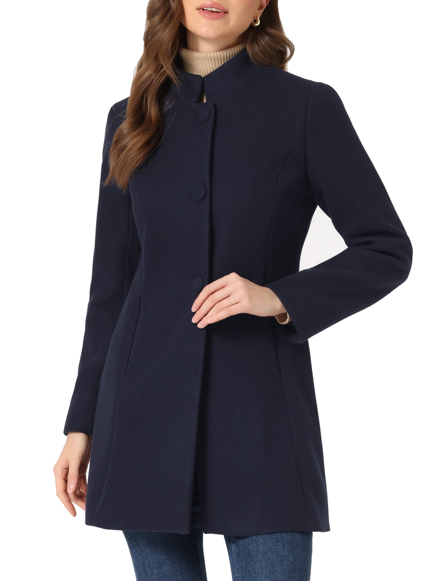 Unique Bargains Women's Winter Overcoat Stand Collar Single Breasted Long Coat S Navy Blue