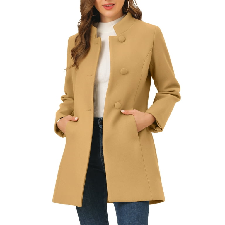 Unique Bargains Women's Winter Overcoat Stand Collar Single Breasted Long  Coat XS Khaki