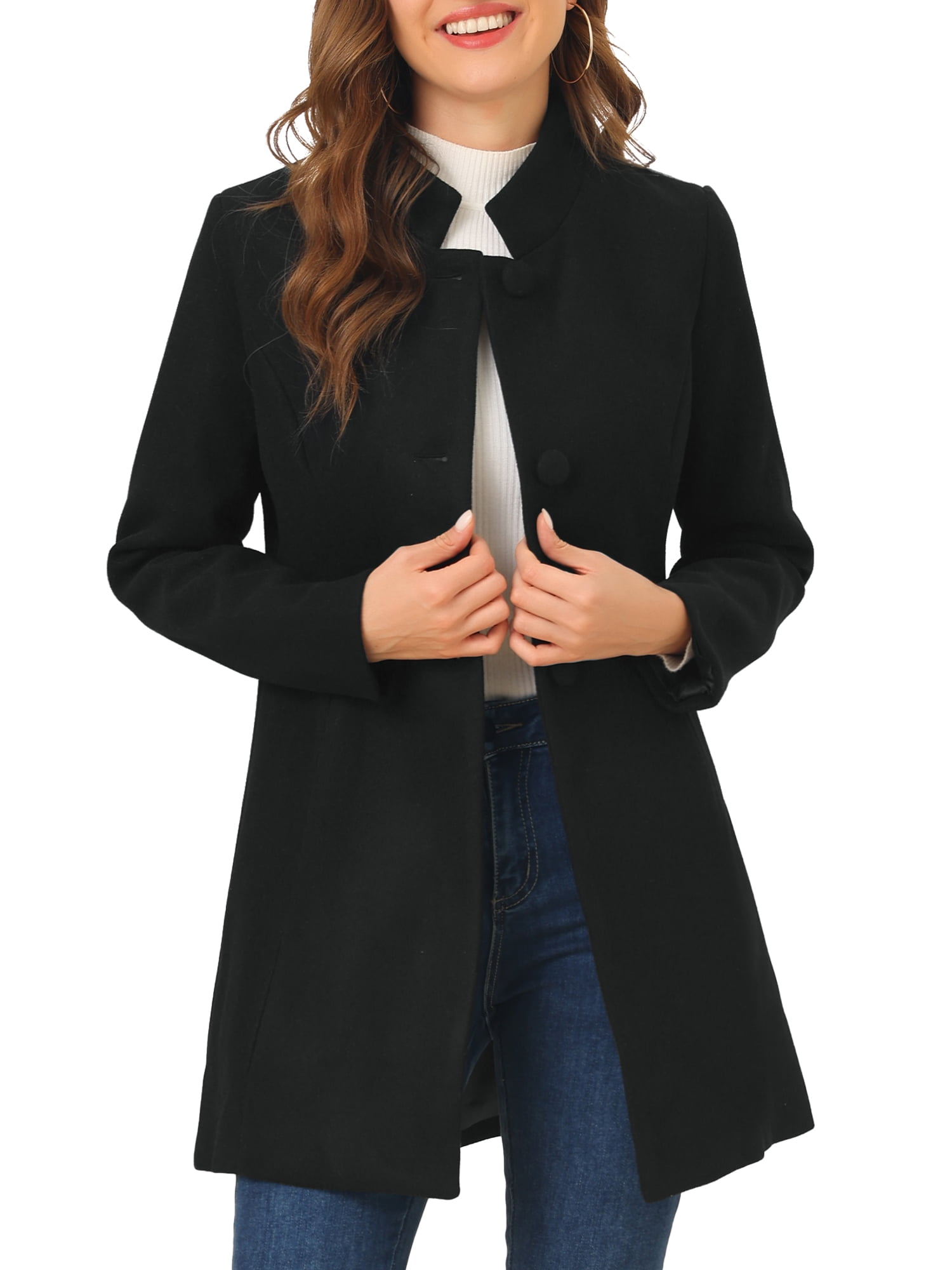 Unique Bargains Women's Winter Overcoat Stand Collar Single Breasted
