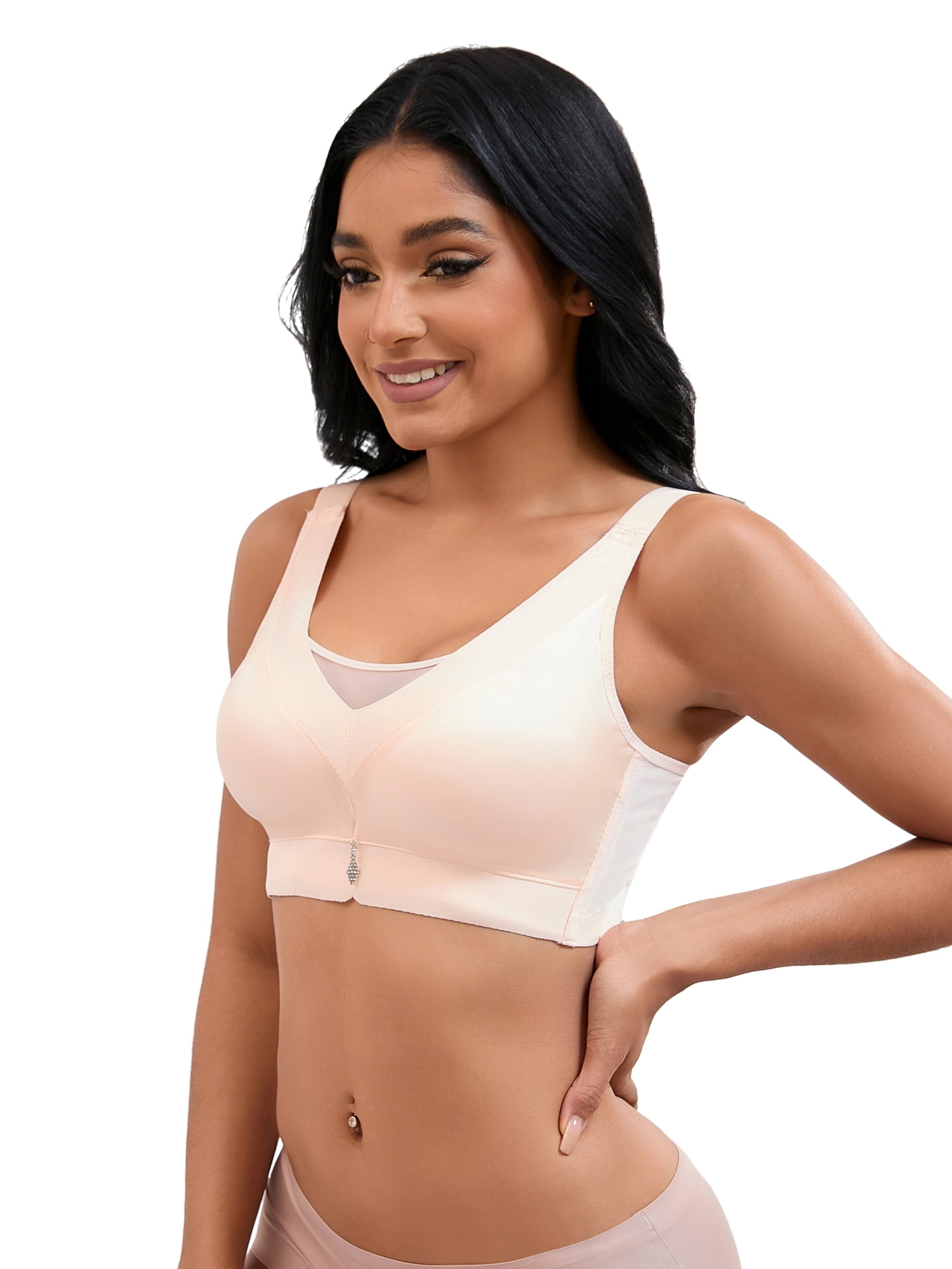 Unique Bargains Women's Wirefree U Back V-Neck Mesh Minimizers Bras L Beige