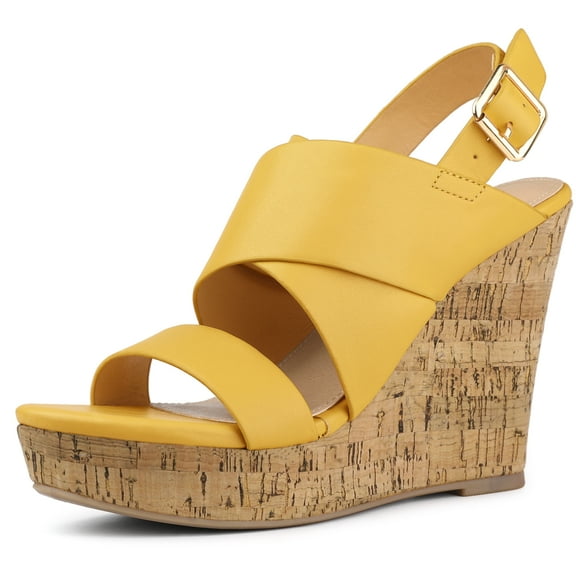 DARING DIVA Women's Wood Strappy Platform Wedge Sandals Yellow US 6/UK 4/EU 36