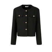 Unique Bargains Women's Work Cropped Blazer Long Sleeve Elegant Tweed Jacket S Black