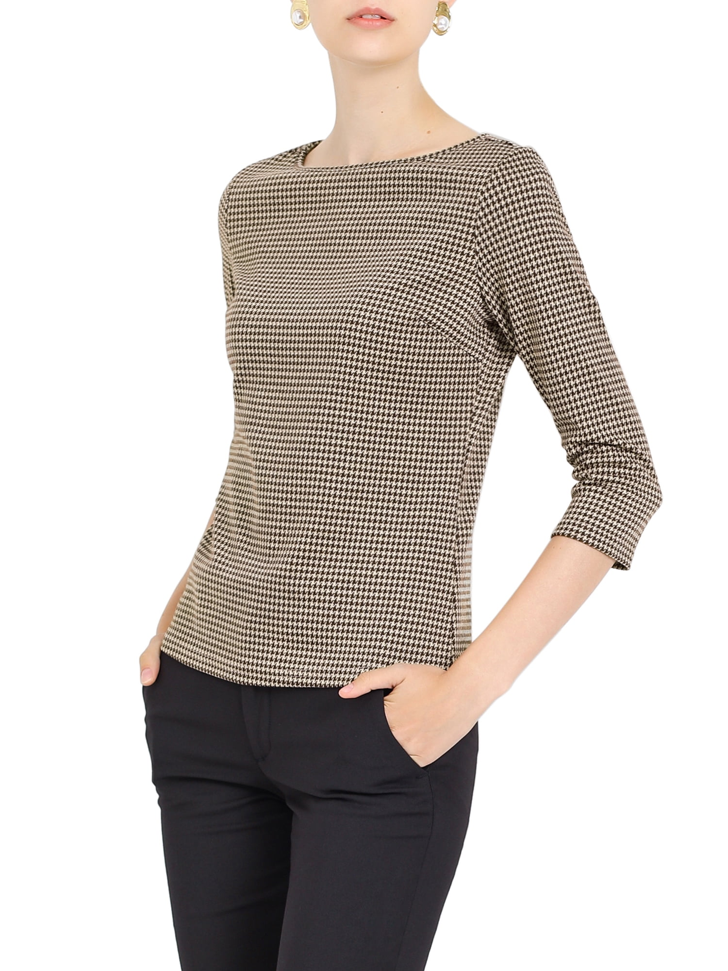 Unique Bargains Women's Work Office 3/4 Sleeve Boat Neck Houndstooth Top S Brown