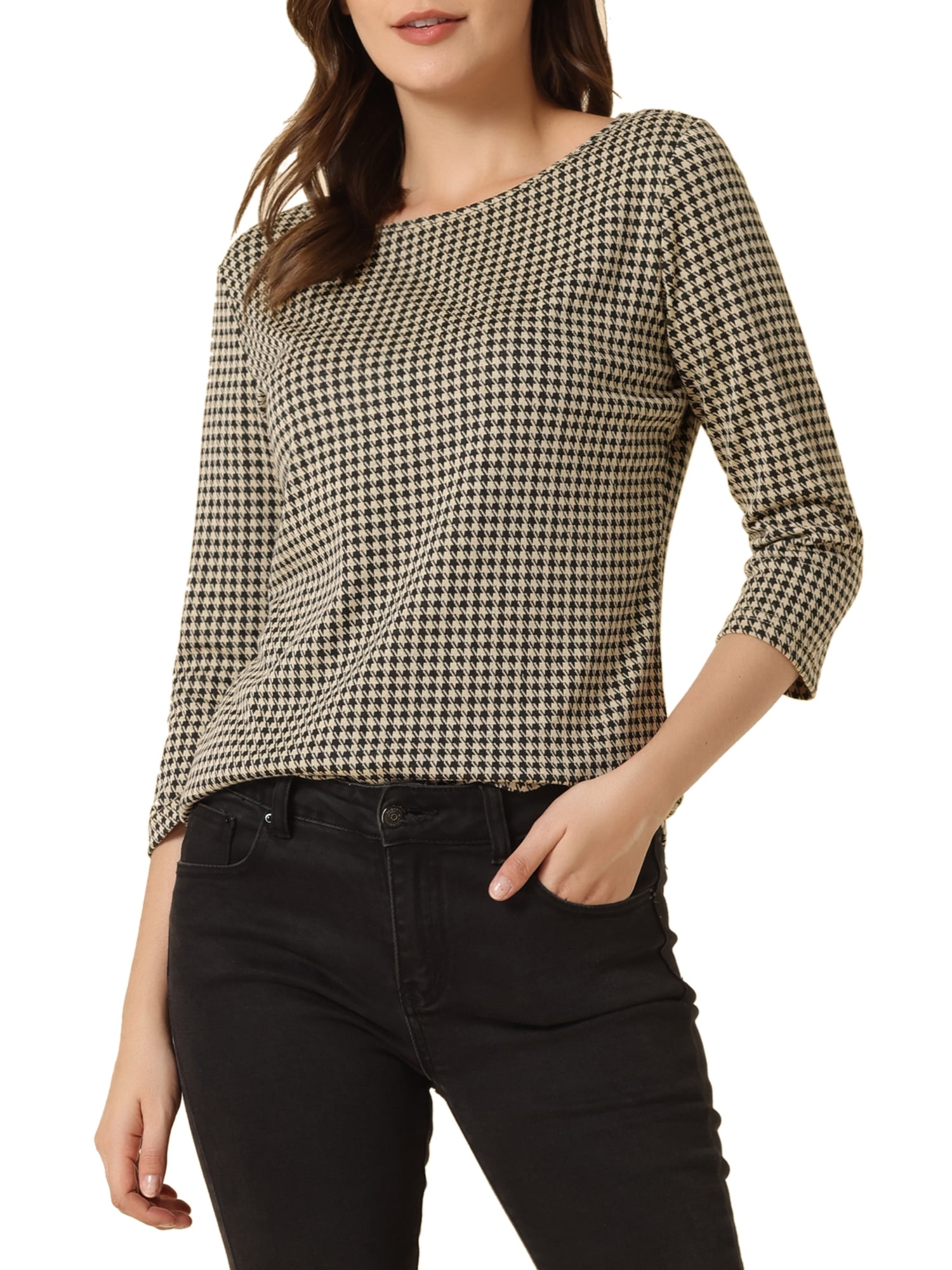 Unique Bargains Women's Work Office 3/4 Sleeve Boat Neck Houndstooth Top XL Black Khaki