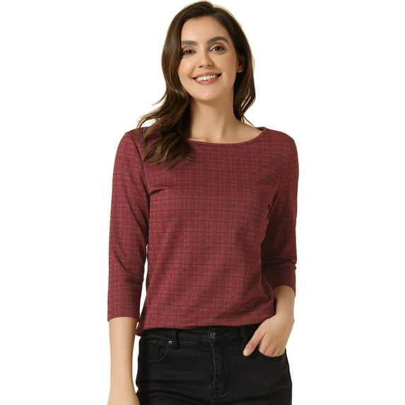 Unique Bargains Women's Work Office 3/4 Sleeve Boat Neck Houndstooth Top S Red Plaid