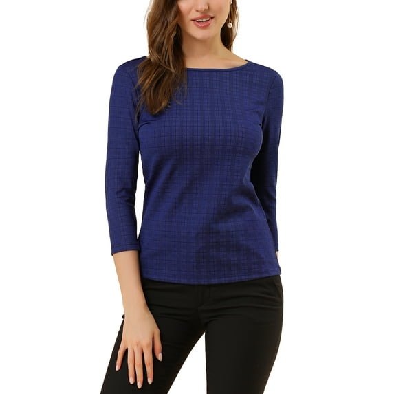 Unique Bargains Women's Work Office 3/4 Sleeve Boat Neck Houndstooth Top L Deep Blue