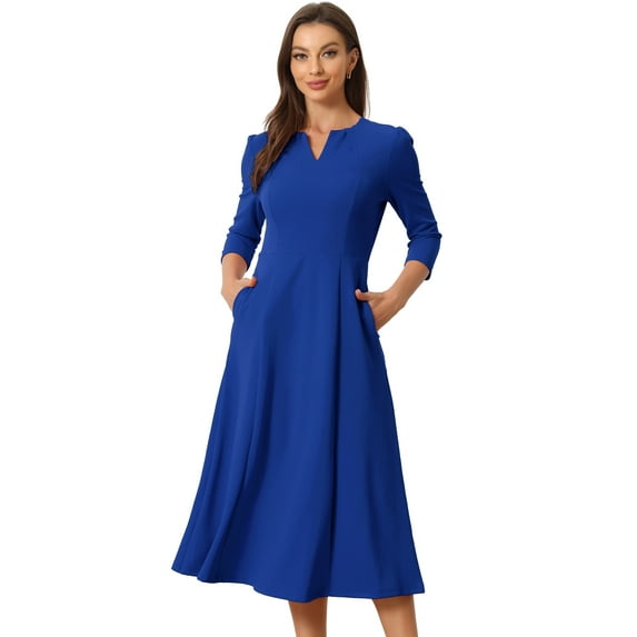Unique Bargains Women's Work Office Elegant 3/4 Sleeve V Neck A-Line Dress XL Royal Blue