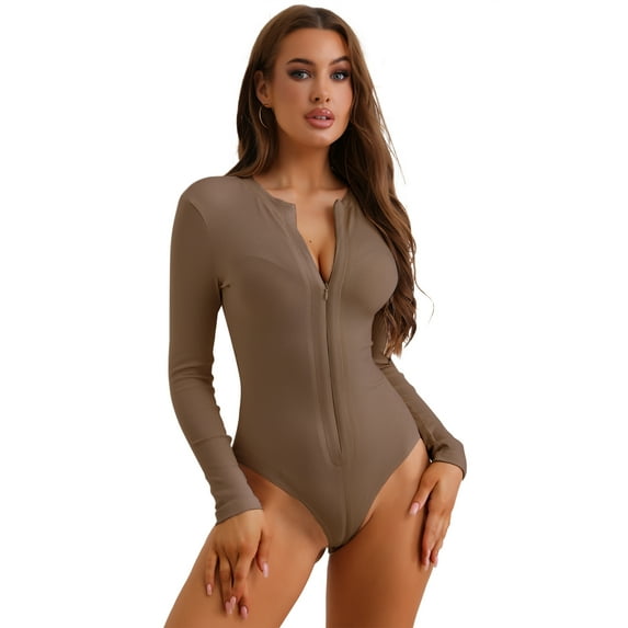 Unique Bargains Women's Zip Front Full Bodysuit Slim Fit Knit Body Shaper Large Brown