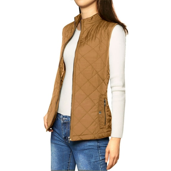 Unique Bargains Women's Zip Stand Collar Quilted Padded Vest M Saddle Brown