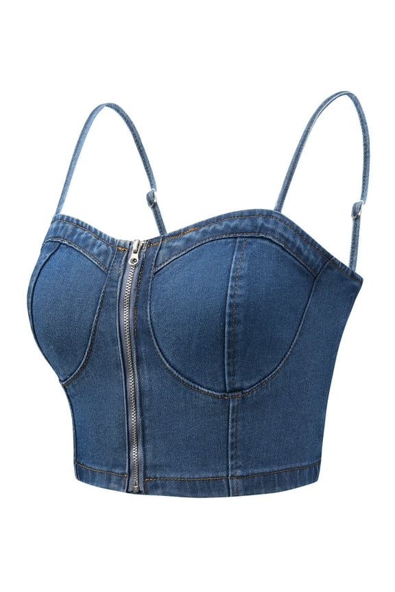 Women Bustier Zip Up Adjustable Straps Jean Corset Top S Blue