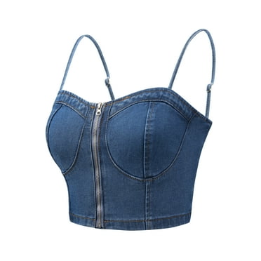 Unique Bargains Women's Zip Up Sleeveless Spaghetti Strap Bustier Crop Denim Tops XS Blue