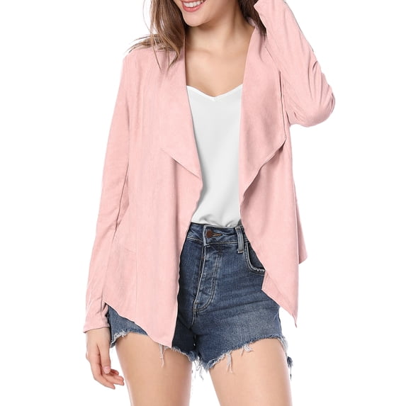 Unique Bargains Women's Zipper Draped Front Moto Faux Suede Lightweight Jacket