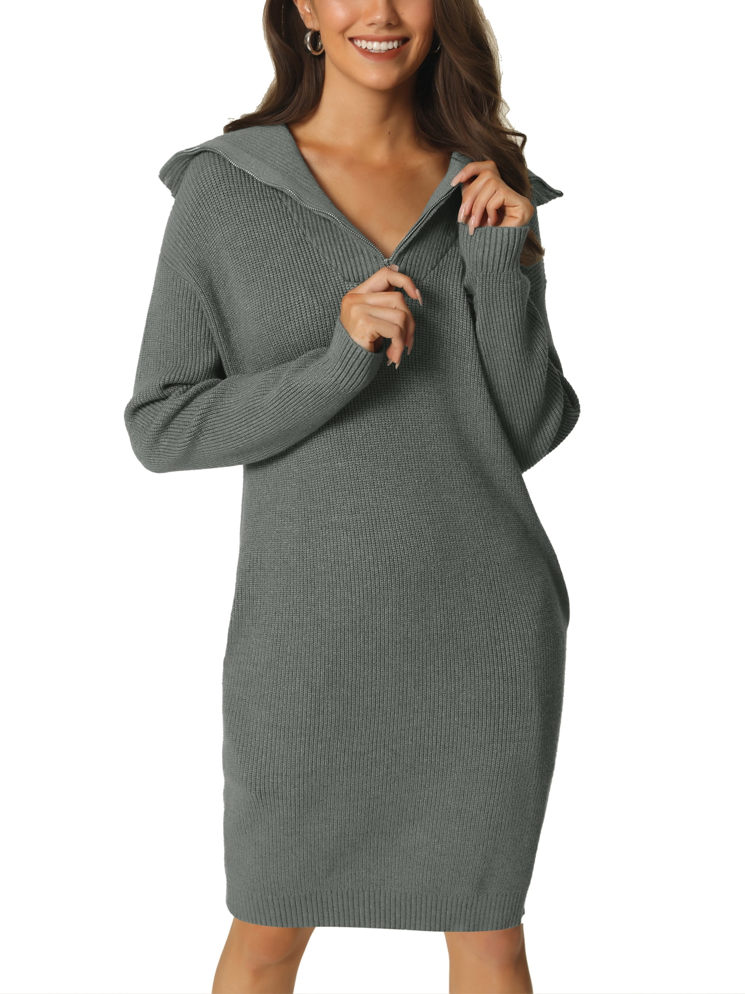 Unique Bargains Women's Zipper V Neck Long Sleeve Slim Fit Casual Midi