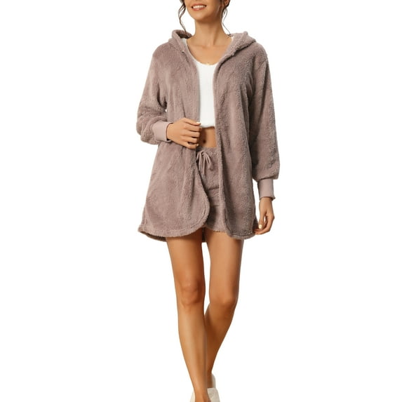 Unique Bargains Womens 3 Pcs Pajamas Coat Jacket and Crop Top with Shorts Lounge Set L Rosy Brown
