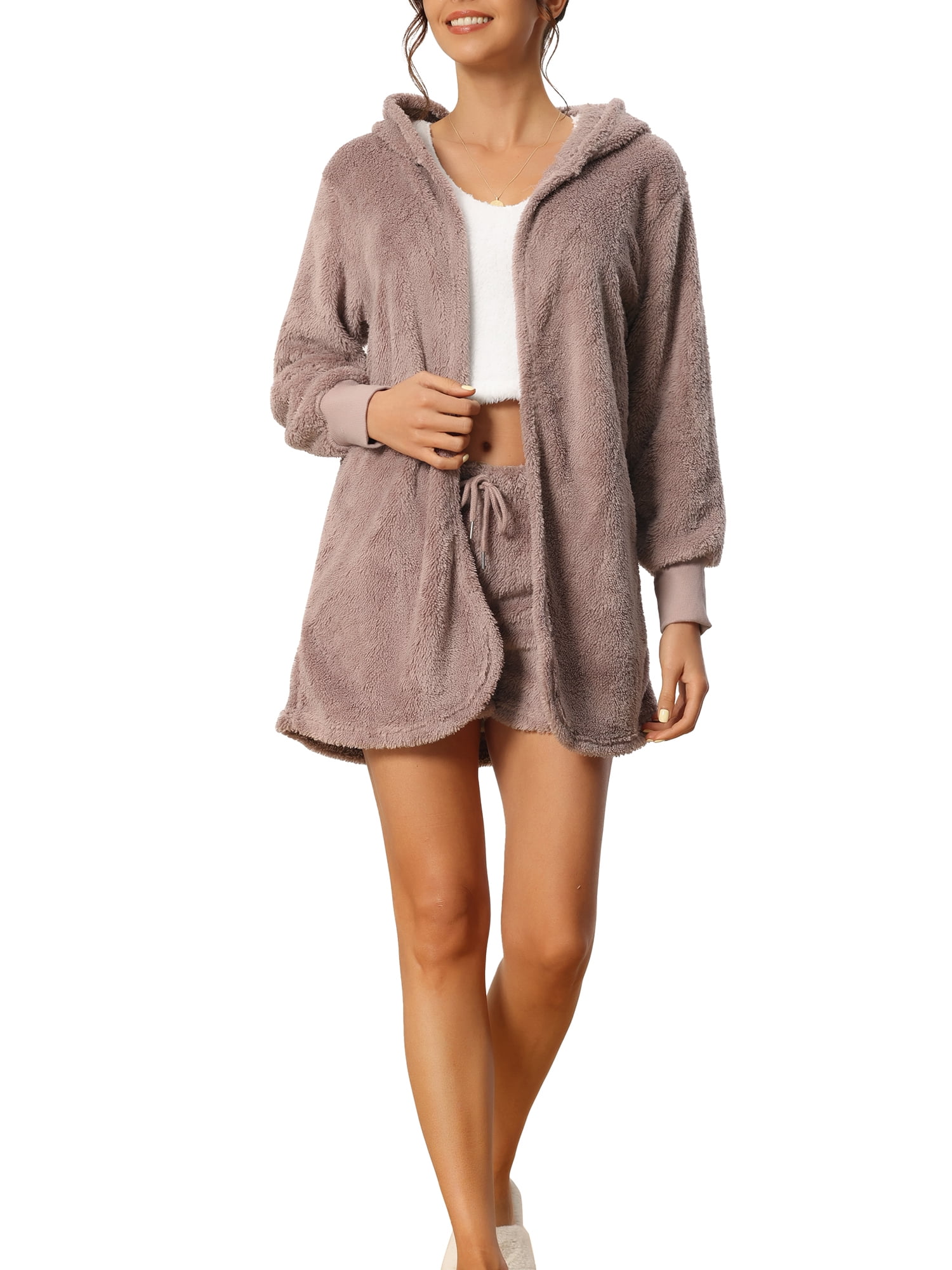 Unique Bargains Womens 3 Pcs Pajamas Coat Jacket and Crop Top with Shorts Lounge Set XL Rosy Brown