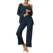 Unique Bargains Womens 3 Pcs Sleepwear Long Sleeve Tops Cami and Pants Pajama Set