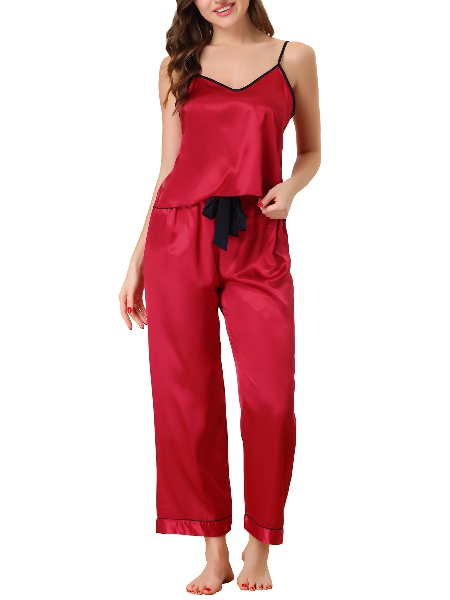Unique Bargains Women's Suspenders Soft Ice Silk Pajamas 3 Piece Sleepwear Sets
