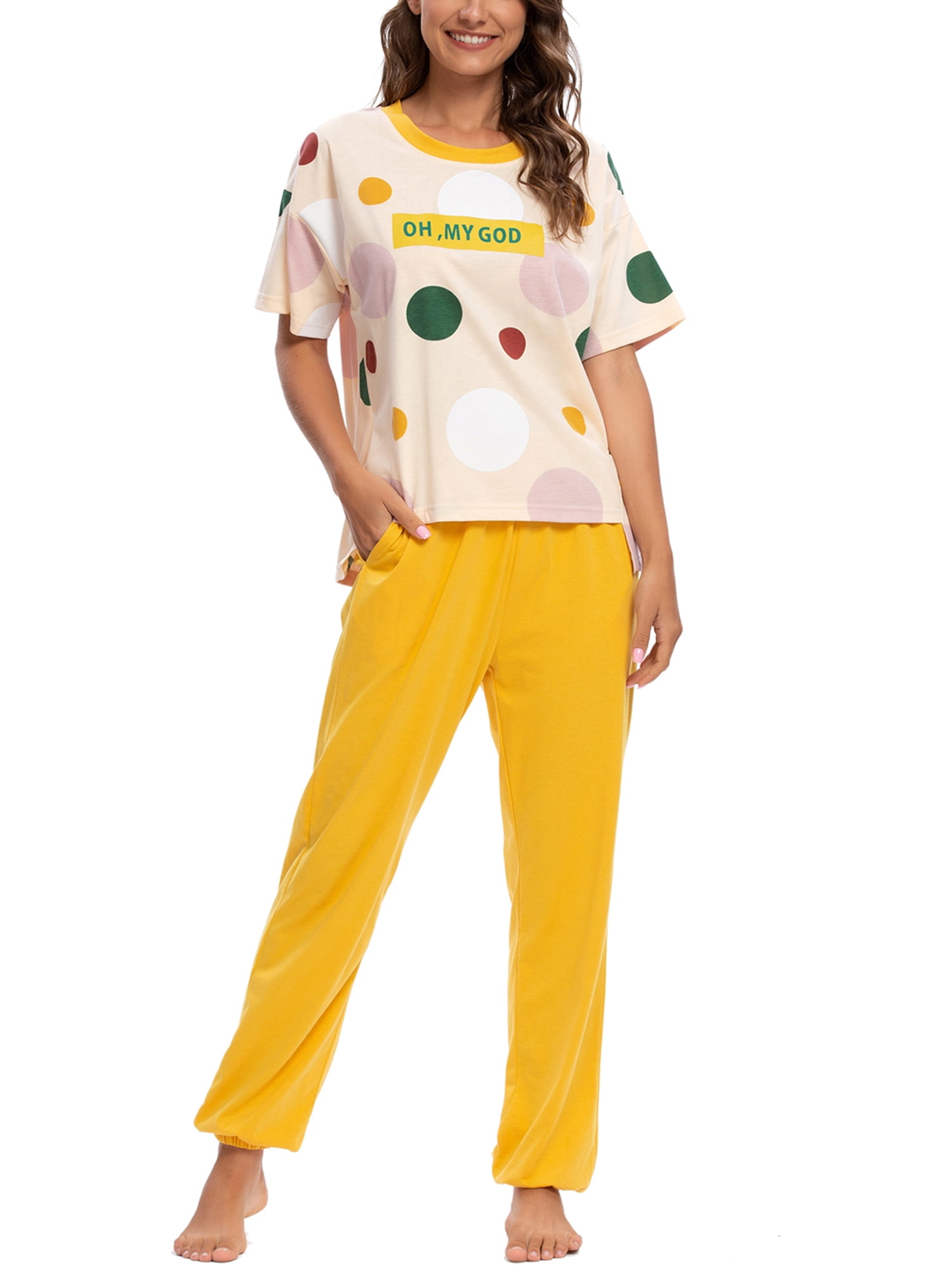 Unique Bargains Womens Crew Neck Cute Print with Pants Loungewear Pajama Sleepwear Sets