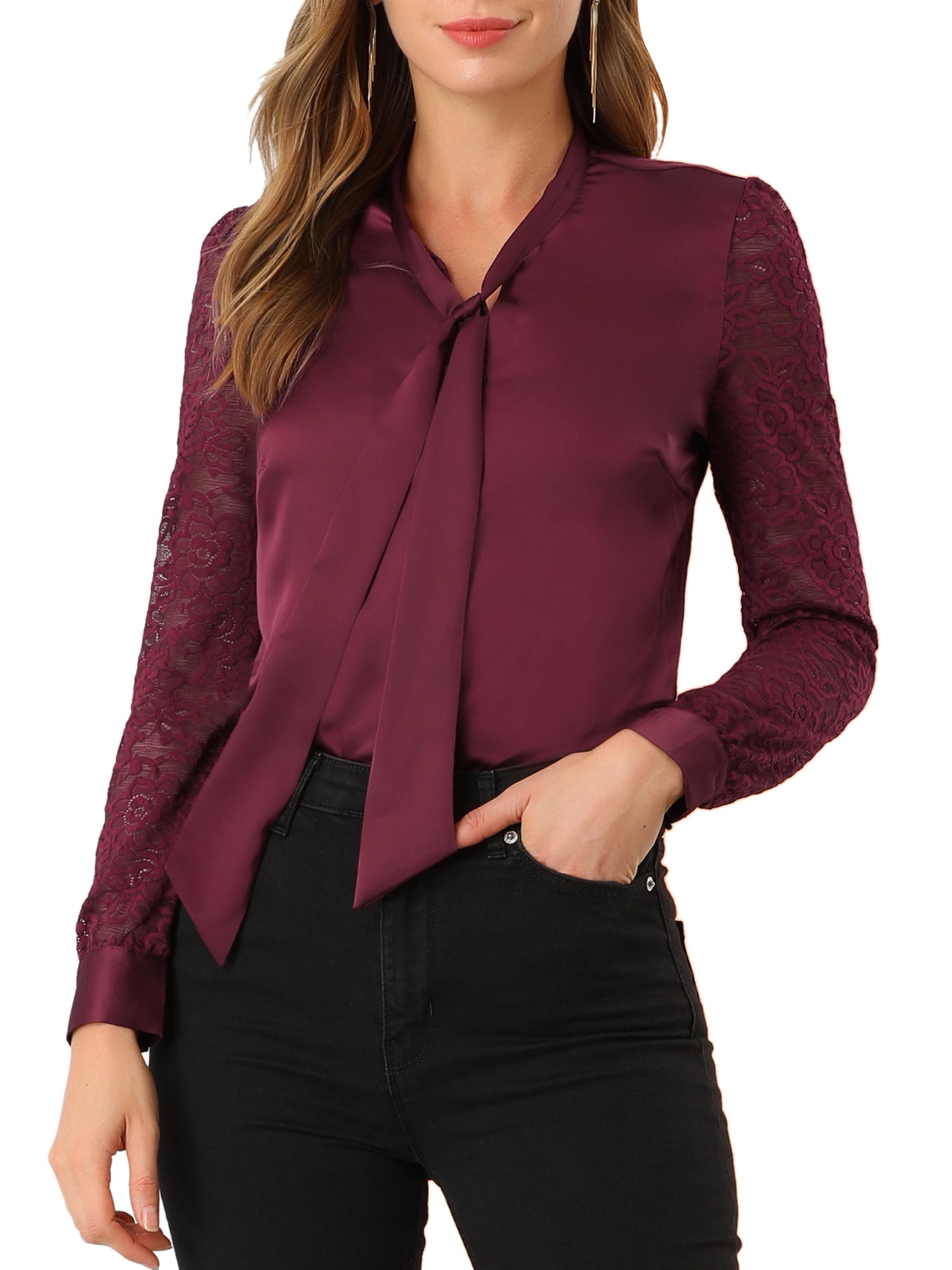 Unique Bargains Womens Elegant Tie Neck Semi Sheer Lace Sleeve