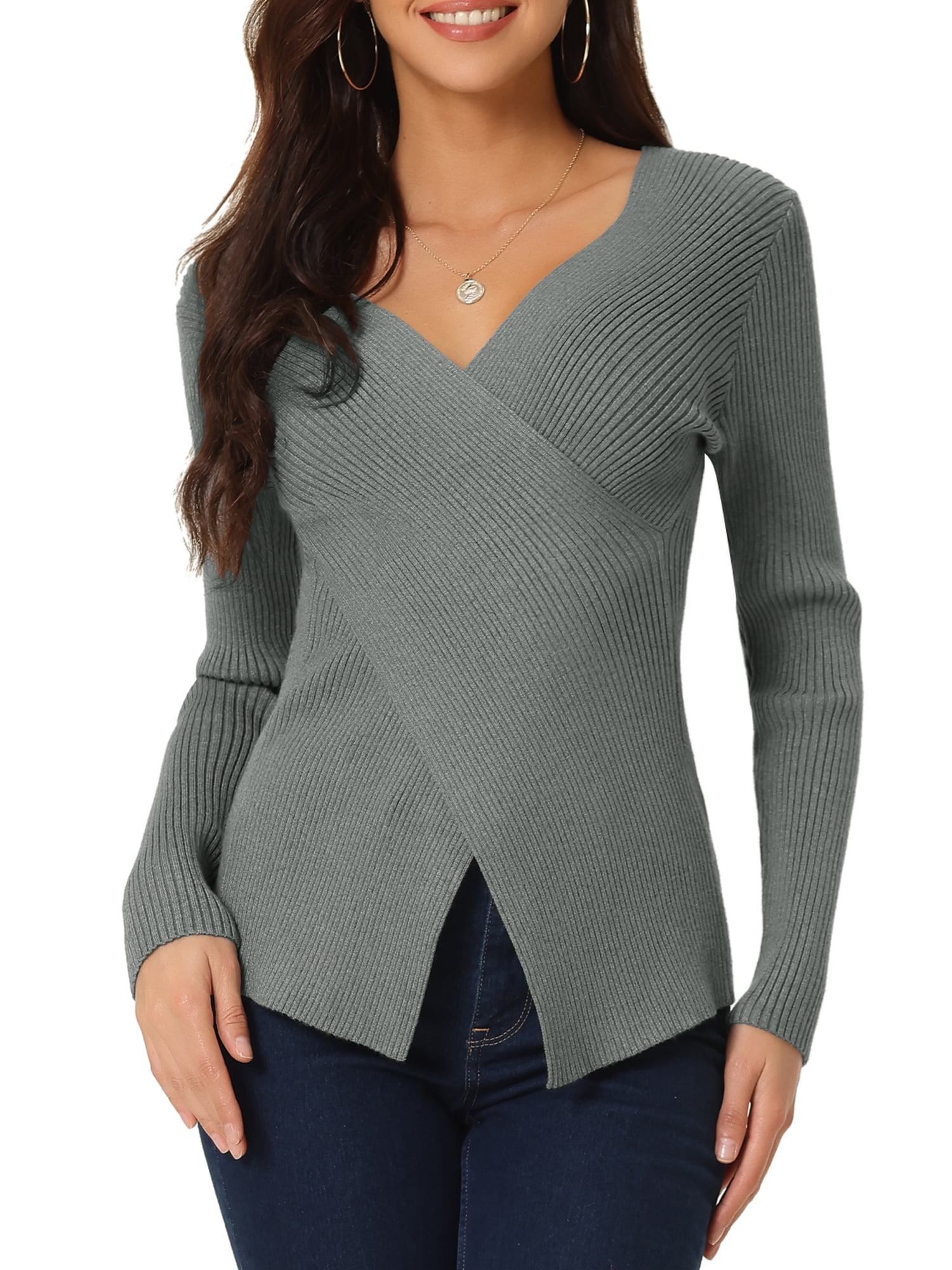 Women's Long Sleeve V Neck Criss Cross Sweater Casual Fall Outfits M Grey