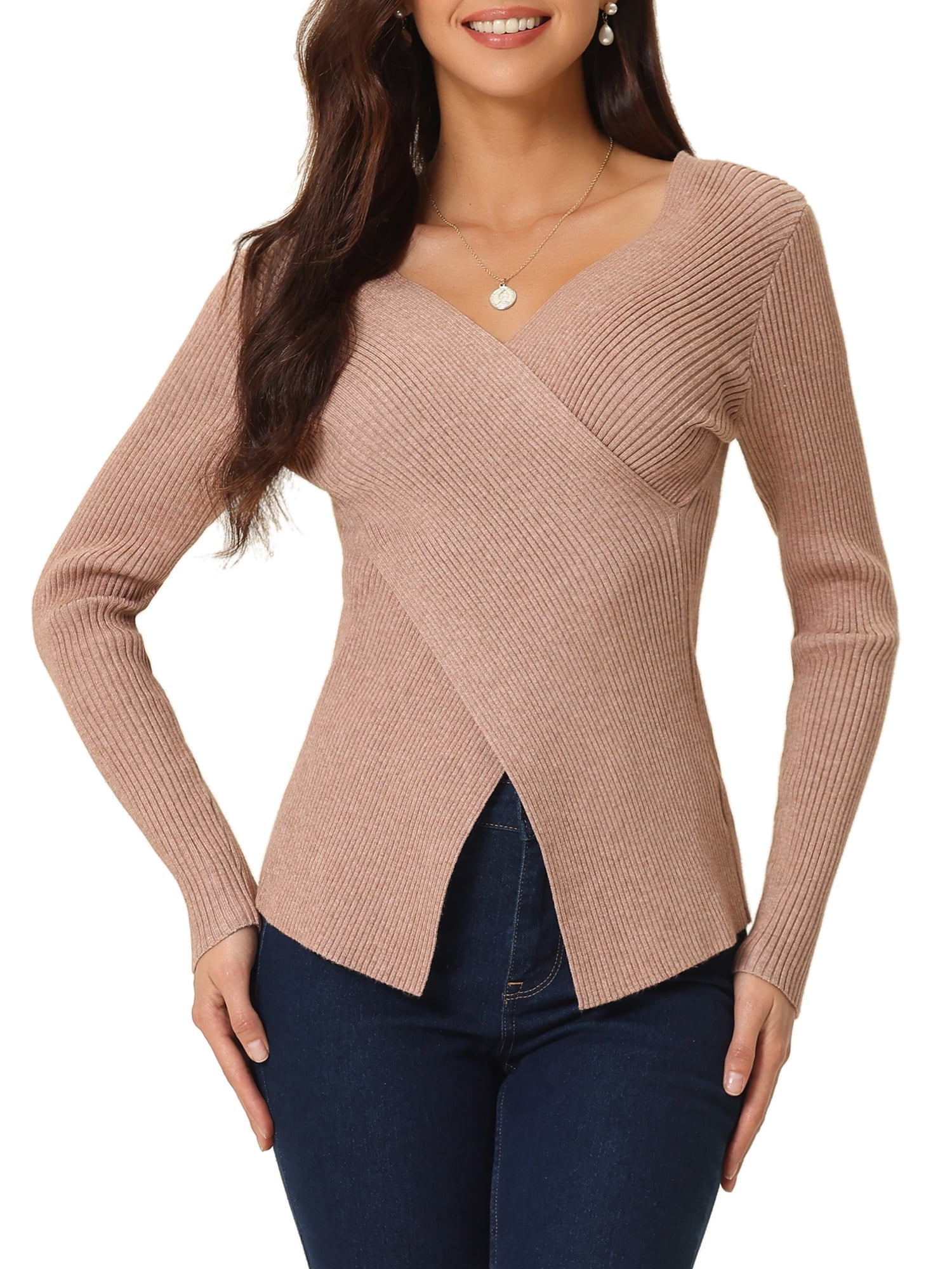 Women's Long Sleeve V Neck Criss Cross Sweater Casual Fall Outfits M Khaki