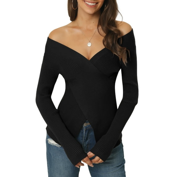Women's Long Sleeve V Neck Criss Cross Sweater Casual Fall Outfits S Black