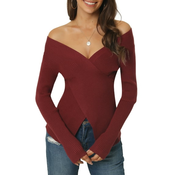 Women's Long Sleeve V Neck Criss Cross Sweater Casual Fall Outfits XL Red