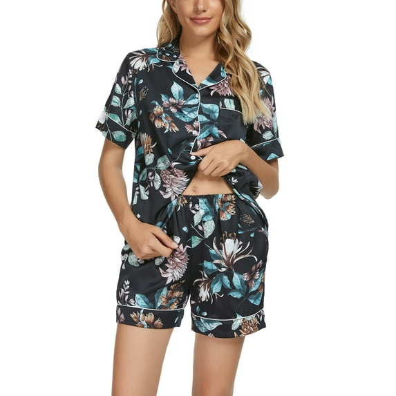 Unique Bargains Womens Floral Button Down Shirt Shorts Satin 2pcs Pajama Sleepwear Sets
