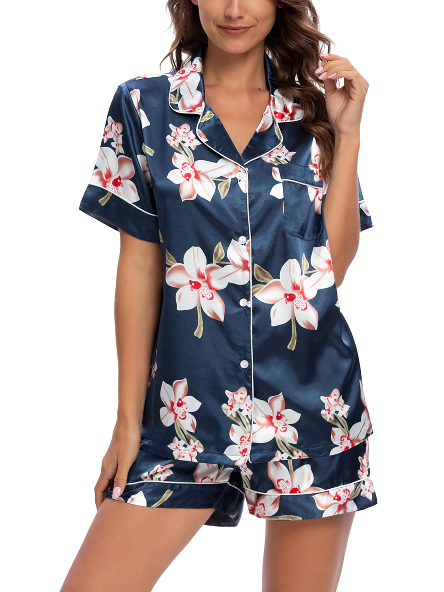 Unique Bargains Womens Floral Button Down Shirt Shorts Satin 2pcs Pajama Sleepwear Sets