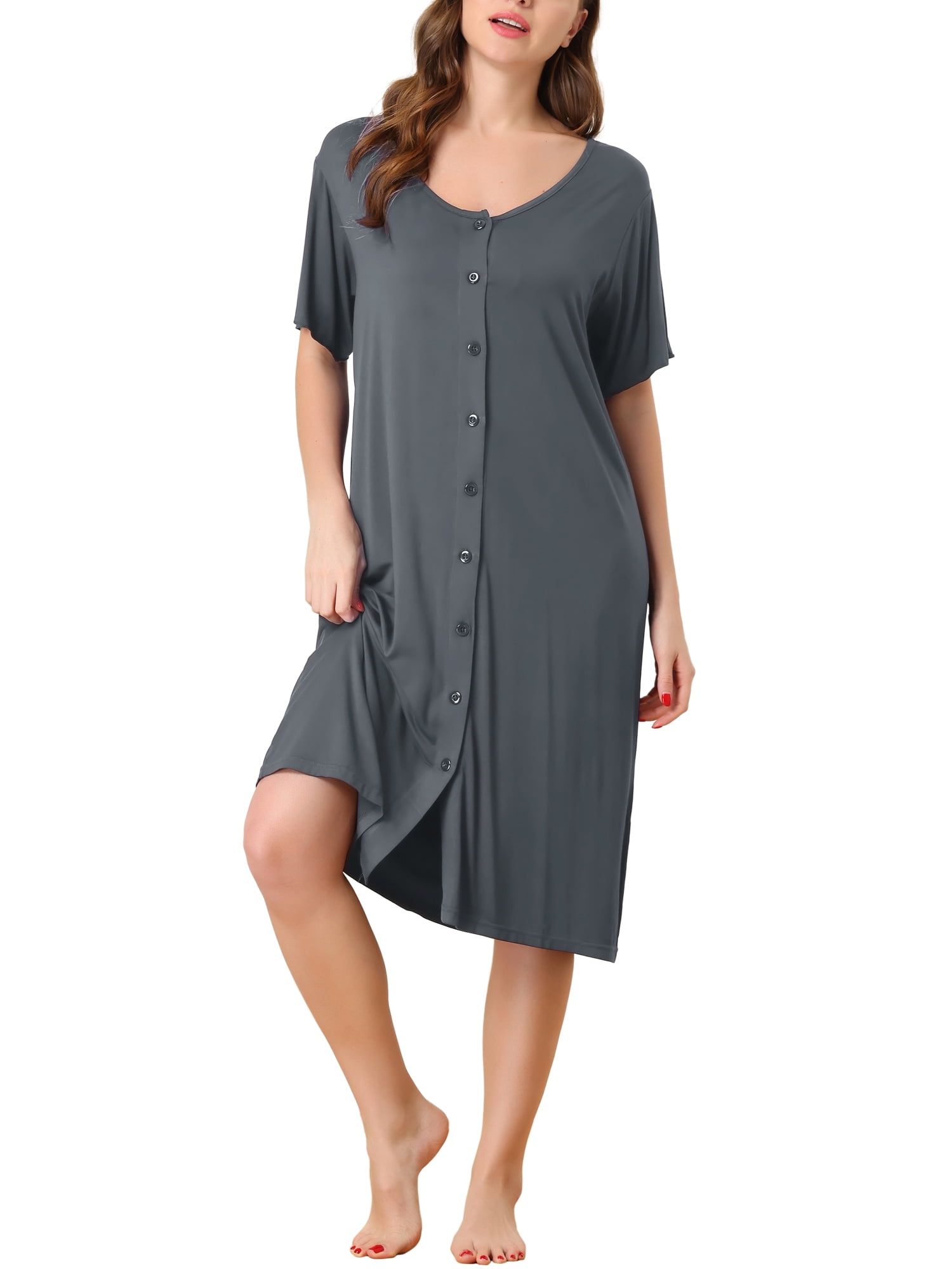 Unique Bargains Womens Modal Nightshirt Soft Button Down Short Sleeve Nightgown