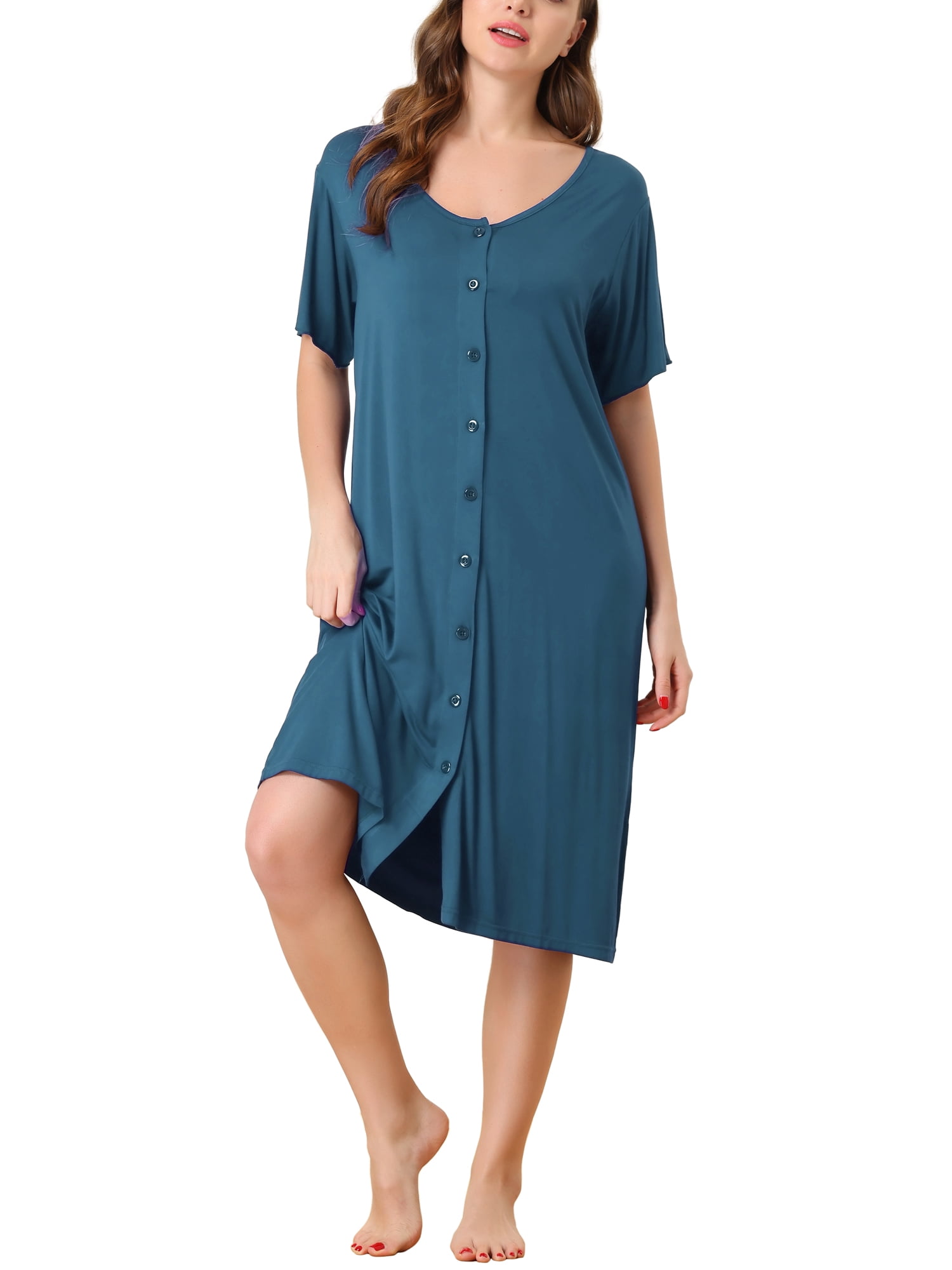 Unique Bargains Womens Modal Nightshirt Soft Button Down Short Sleeve  Nightgown