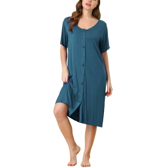 Unique Bargains Womens Modal Nightshirt Soft Button Down Short Sleeve Nightgown