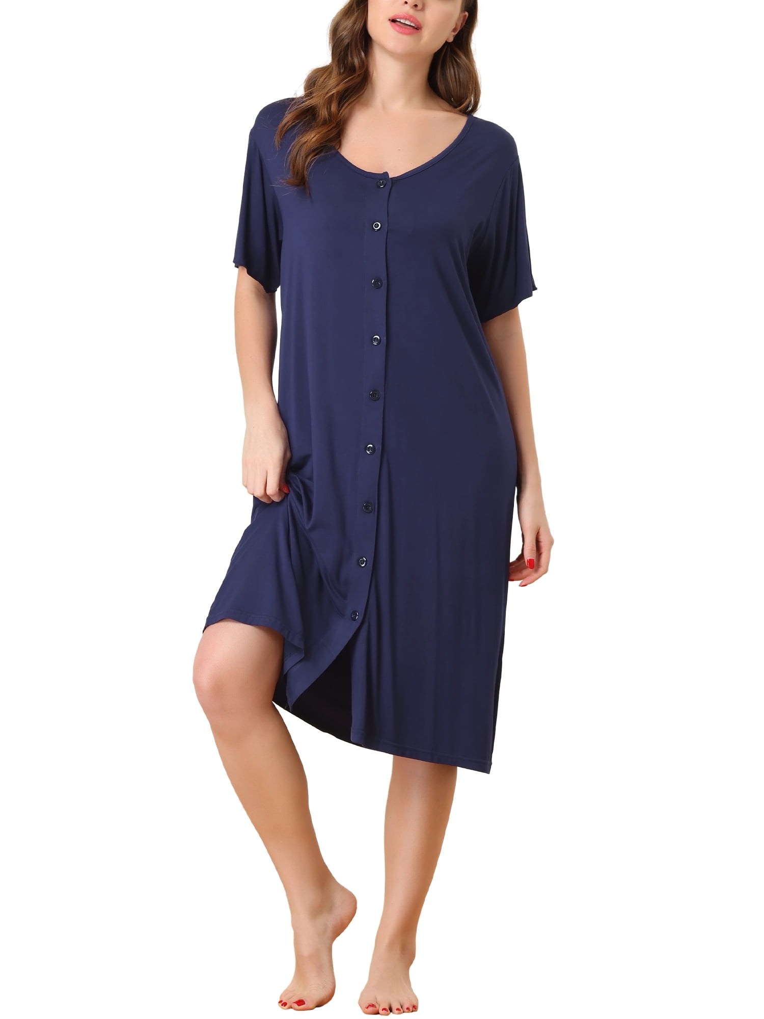 Unique Bargains Womens Modal Nightshirt Soft Button Down Short Sleeve Nightgown
