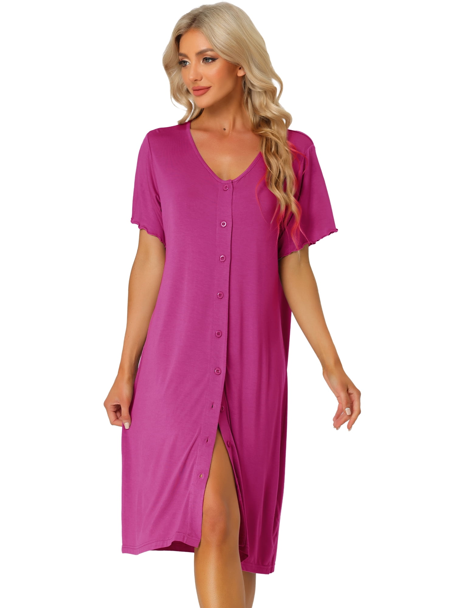 Unique Bargains Womens Modal Nightshirt Soft Button Down Short Sleeve Nightgown