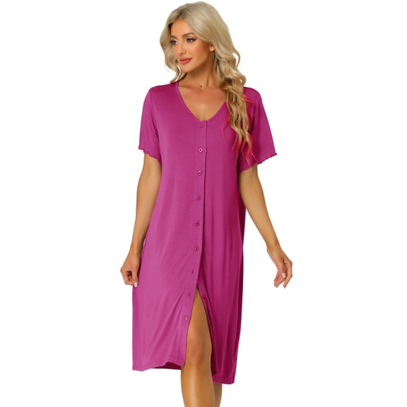 Unique Bargains Womens Modal Nightshirt Soft Button Down Short Sleeve Nightgown