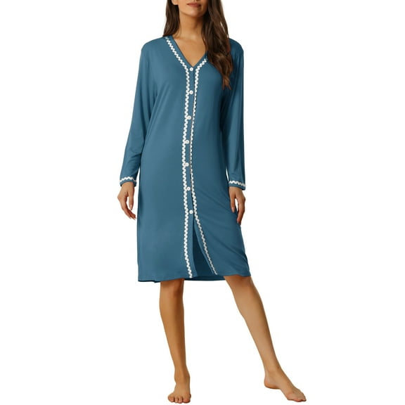 Unique Bargains Womens Nightshirt Button Down Nightgown Long Sleeve Pajama Sleepshirt M Blue