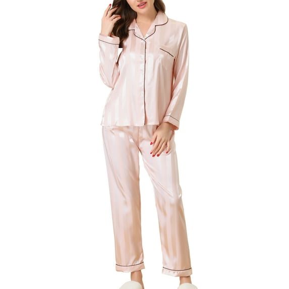 Unique Bargains Womens Nightwear with Pants Lounge Satin Button Down Pajama Sleepwear Sets