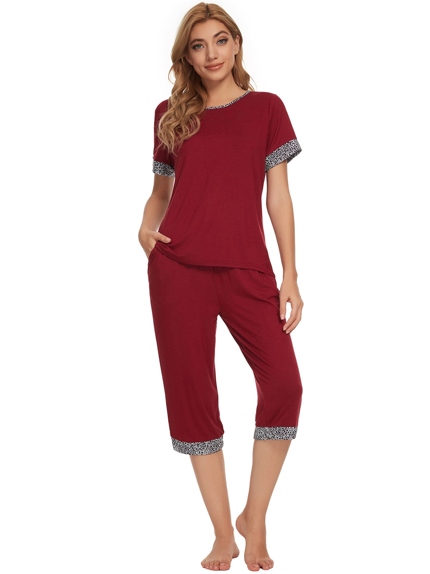 Unique Bargains Womens Pajama Set Round Neck with Capri Pants Pjs