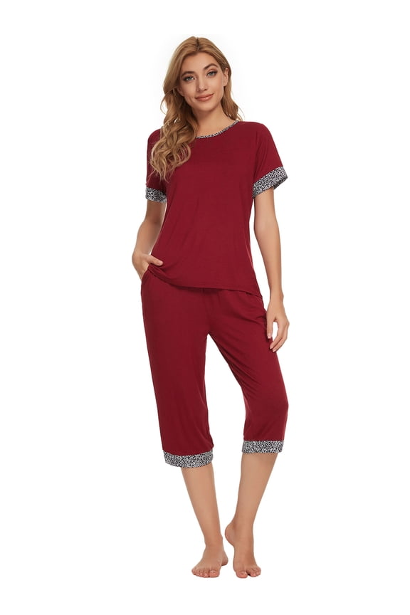 Womens Pajama Set Round Neck with Capri Pants Pjs Lounge Sleepwear Sets